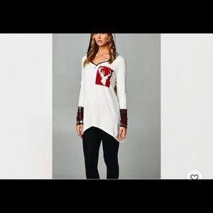 COPY - Grunge Off white Stretch Plaid Hoodie Hi Low Deer Holiday design Tunic M